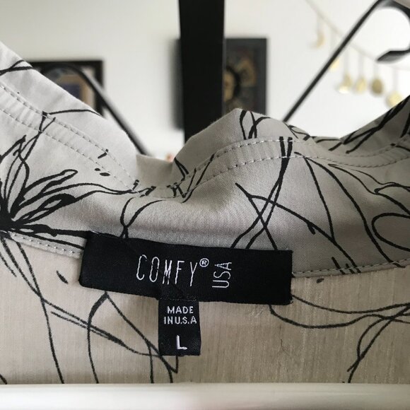 COMFY USA size L Beige Floral Stretch Lagenlook Pleated Back A-Line Tunic Top - Picture 6 of 6